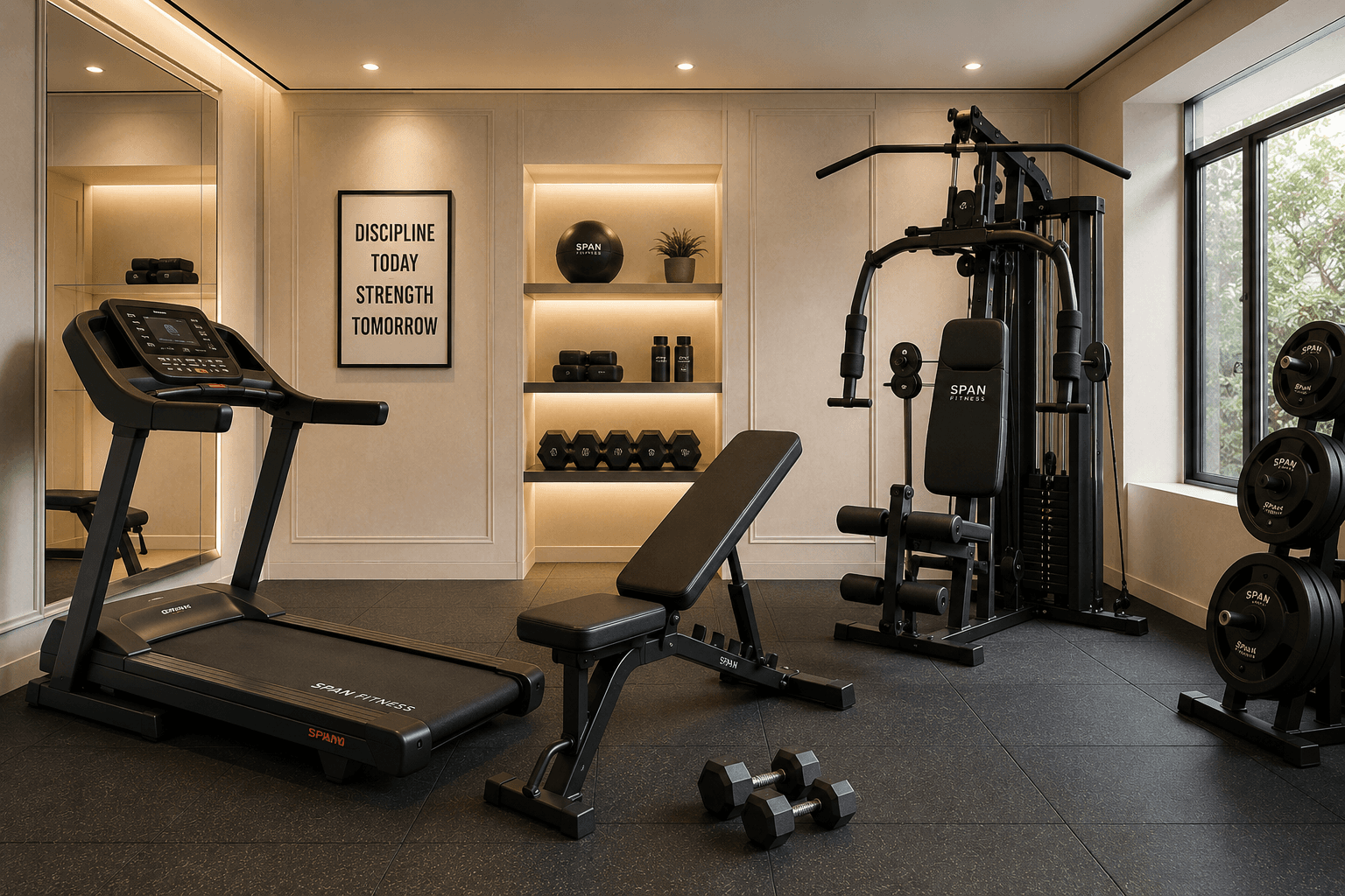 Premium modern home gym setup with treadmill, bench, dumbbells and multi-gym machine
