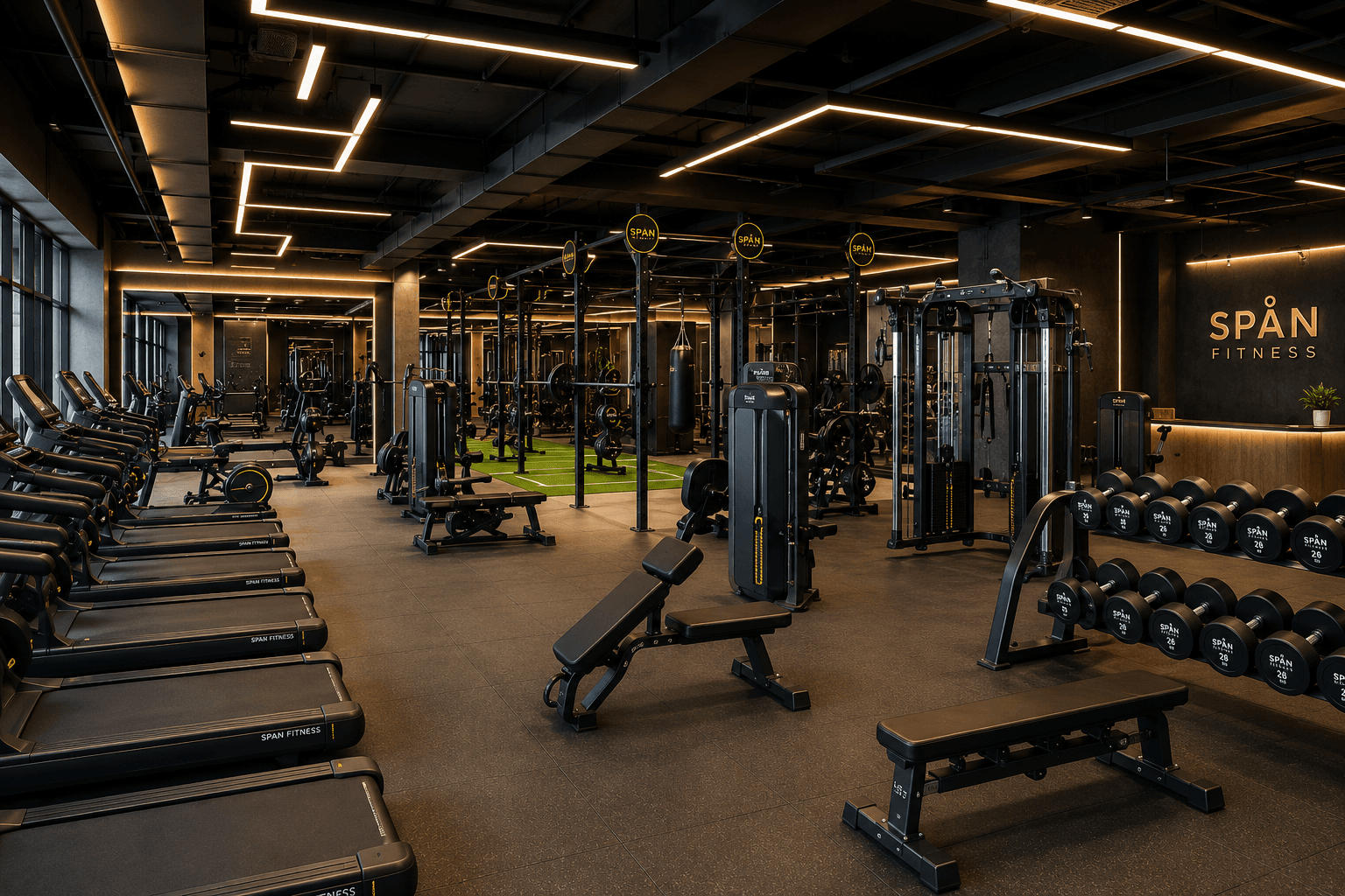 Premium commercial gym setup with cardio machines, strength machines and dumbbell racks