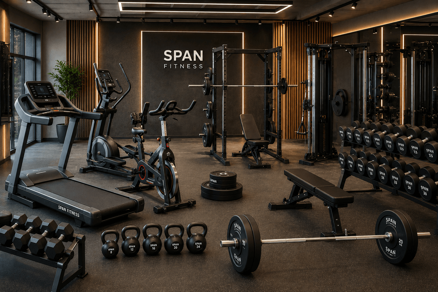Premium gym equipment collection with treadmill, dumbbells, squat rack and accessories