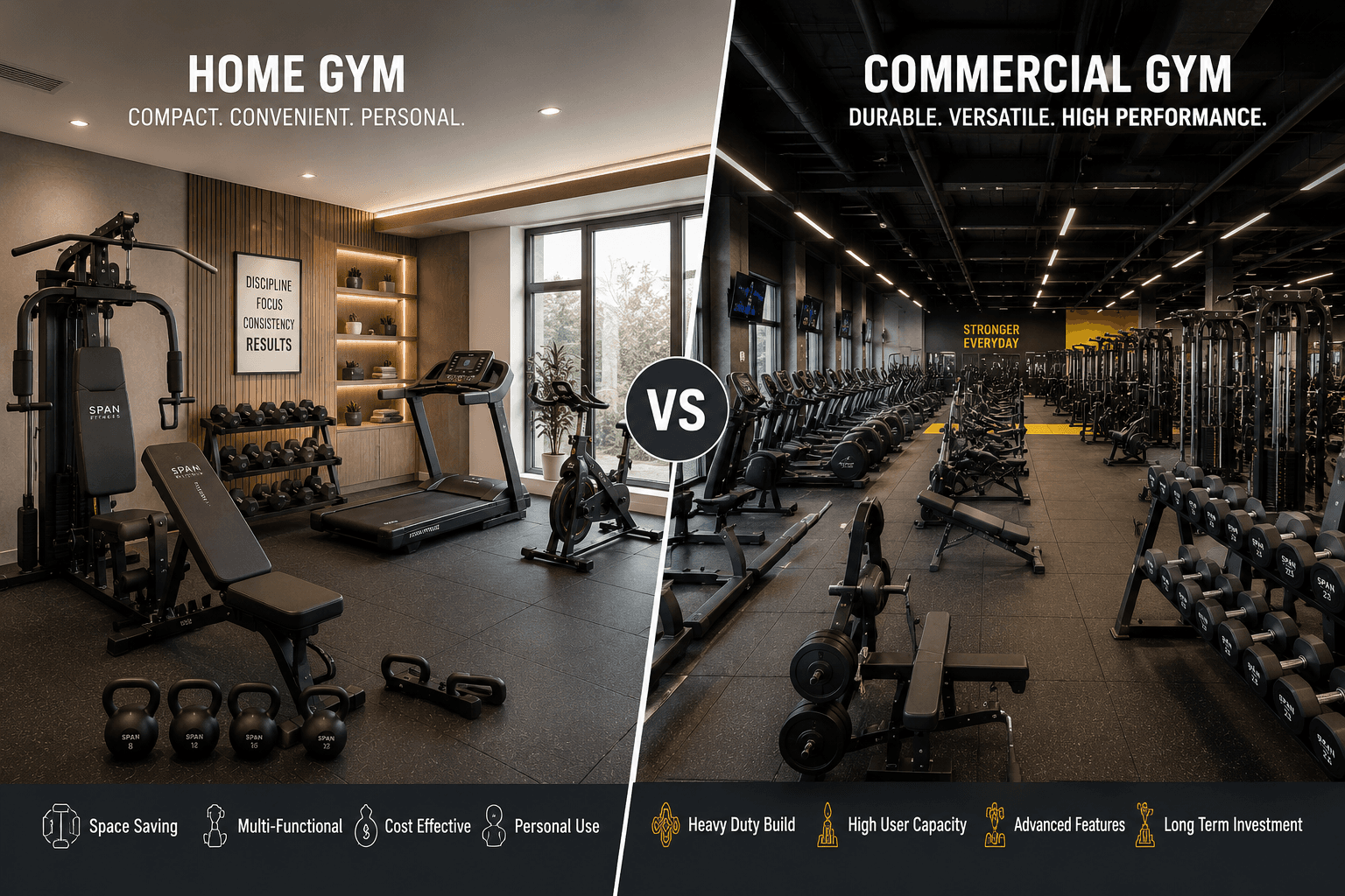 Comparison of premium home gym and commercial gym equipment spaces