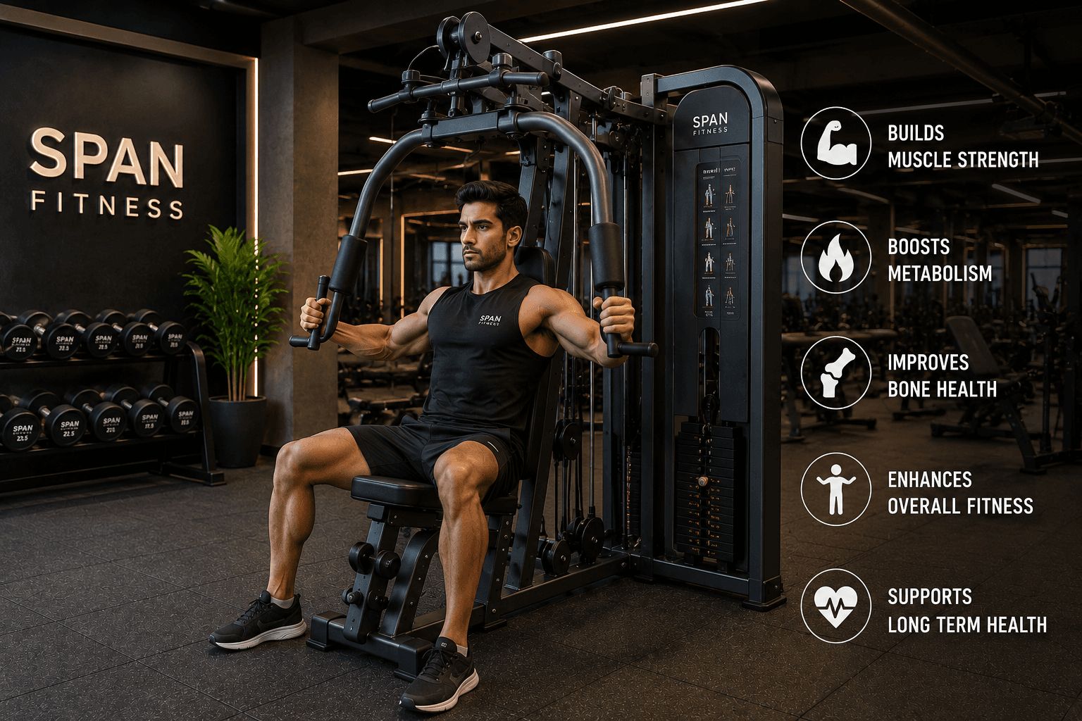 Premium strength training equipment in a modern gym space