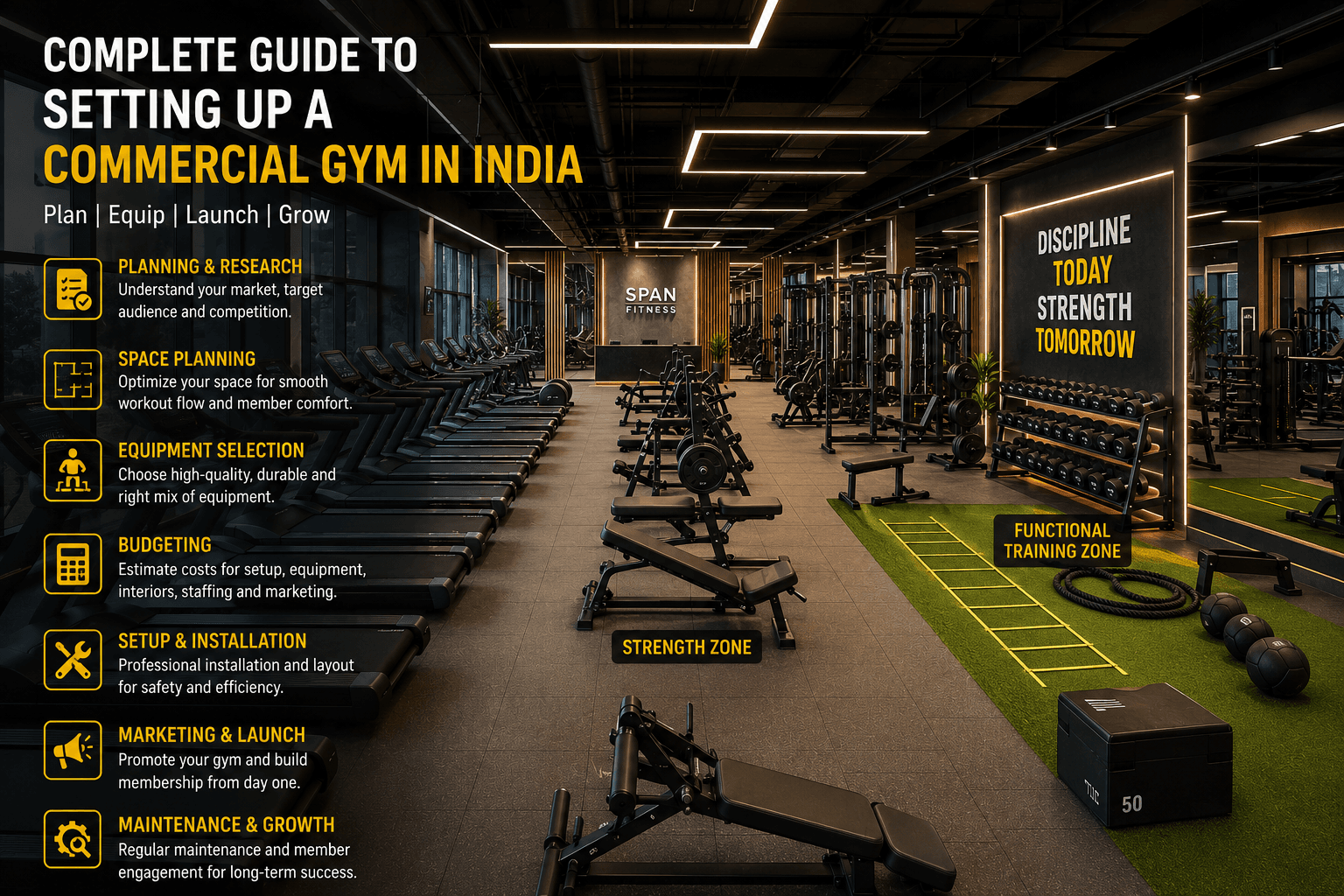 Commercial gym setup planning with cardio and strength equipment in India